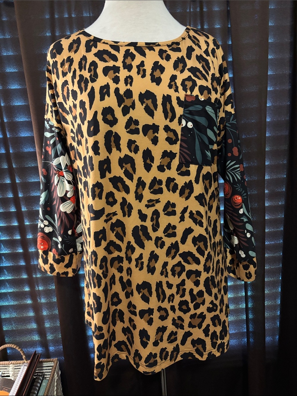 NUGGLES Leopard Print Tunic with Floral Contrast Sleeves